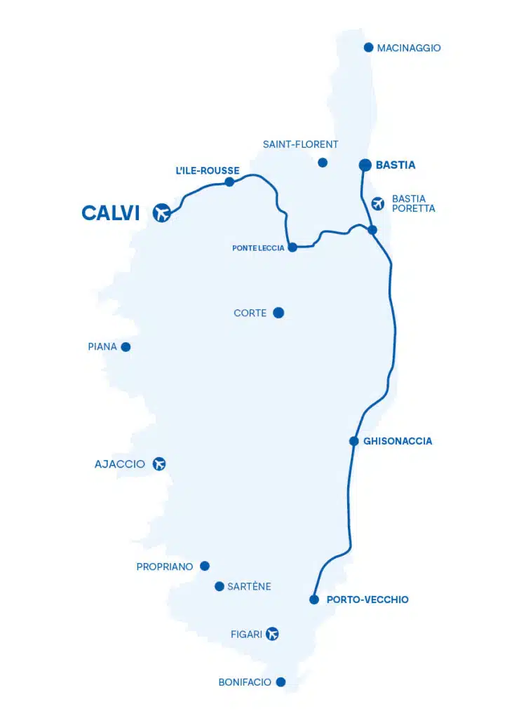 Carte de la Corse représentant les axes routiers desservis par le bus