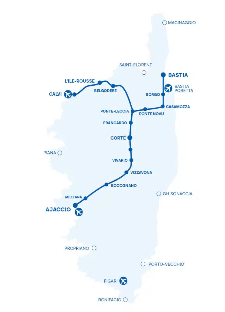 Carte de la Corse représentant les chemisn de fer